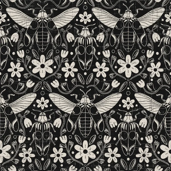 Old School Beetles Daisies Monochrome Seamless Pattern Retro Texture — Φωτογραφία Αρχείου