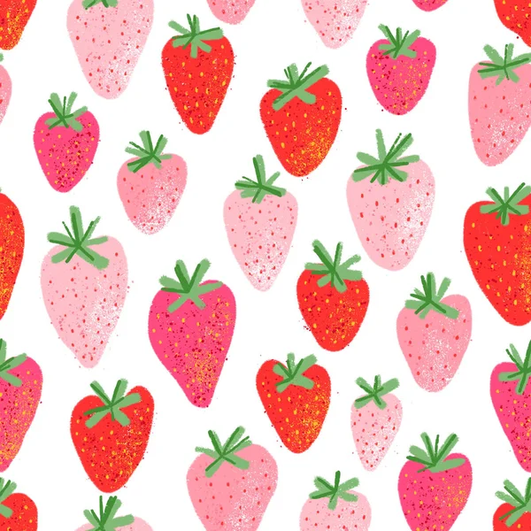 Hand Drawn Fresh Juicy Pink Red Strawberries Summer Seamless Pattern — Fotografia de Stock