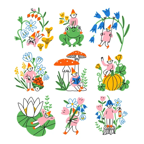 庭の魔法 ノーム 彼らの秘密の生活について設定されたかわいい手描きベクトルイラスト — ストックベクタ