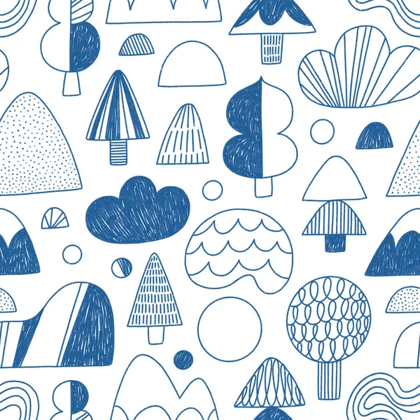 Abstract blue forest pattern illustration with cool and fun hand drawn shapes