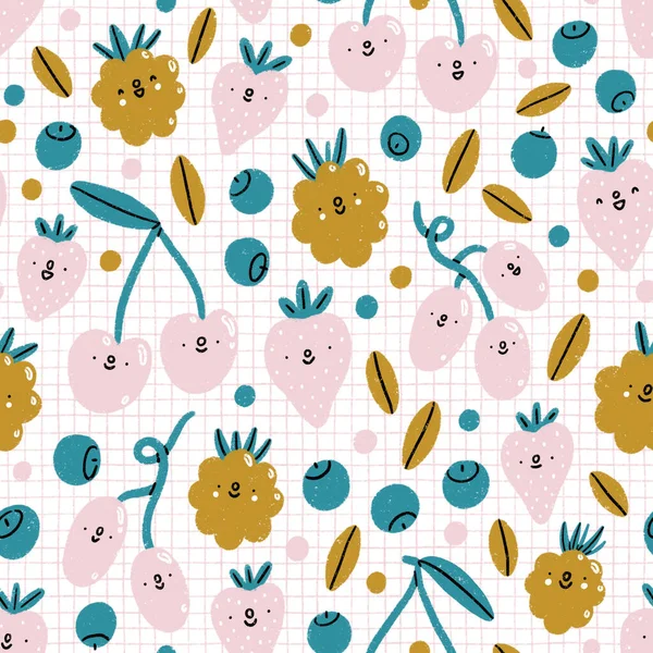 Cute Pastel Cartoon Berries Smiling Check Tablecloth Seamless Pattern Illustration — Stock Photo, Image