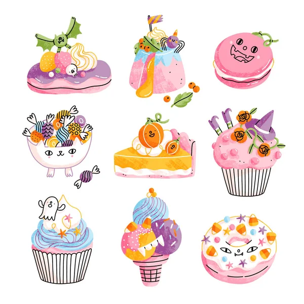 Pastel Pastry Cupcakes Macarons Halloween Party Cartoon Illustrations Set Isolated — Stock Photo, Image