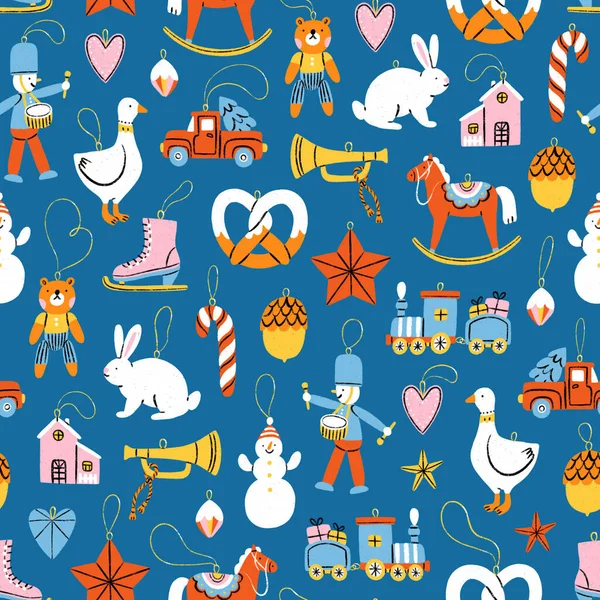 Christmas Tree Retro Toys Colorful Cartoon Illustration Pattern Blue Background — Stock Photo, Image