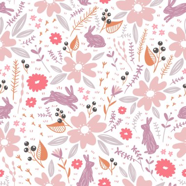 Flowers and bunnies seamless pattern clipart