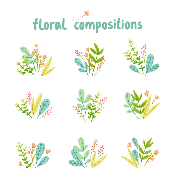 Fleurs et feuilles compositions collection vectorielle — Image vectorielle