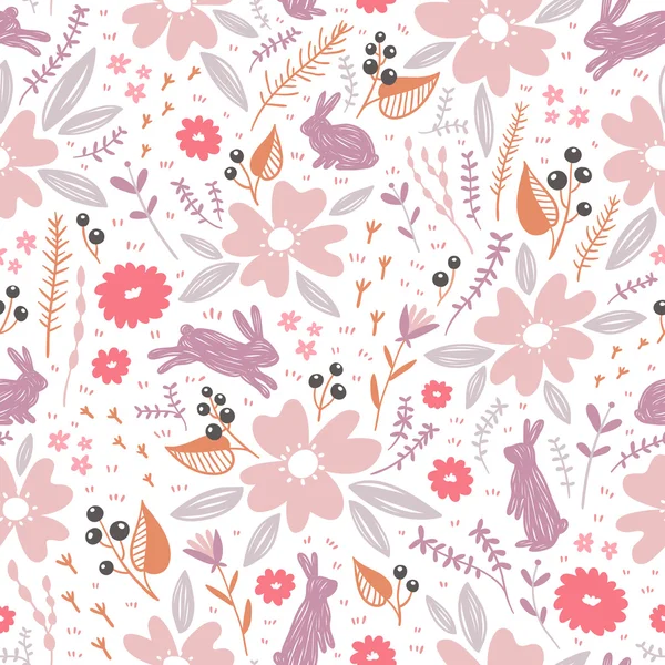 Fleurs et lapins motif sans couture — Image vectorielle