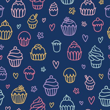 Cupcakes mavi arka plan üzerinde renkli seamless modeli özetlenen