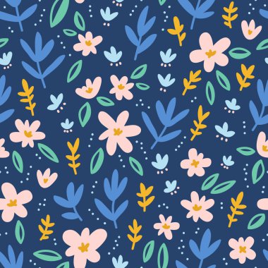 Derin mavi arka plan Dikişsiz desen renkli çiçekler