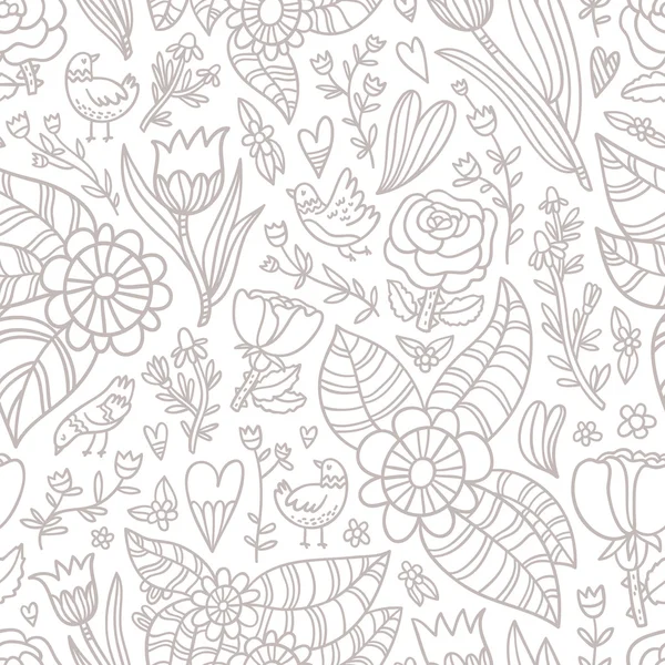 Fleurs, oiseaux, coeurs motif sans couture — Image vectorielle