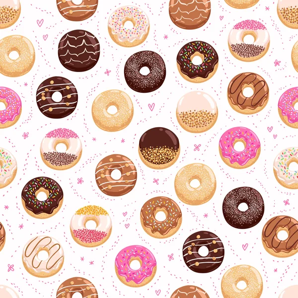 Donuts y pequeños corazones patrón sin costuras — Vector de stock