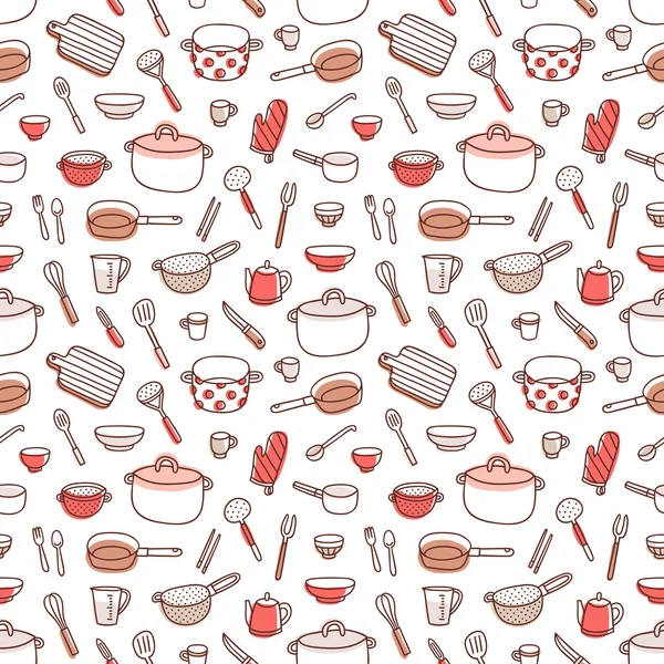 Utensilios de cocina y utensilios de cocina garabato paleta roja sin costuras — Vector de stock