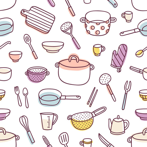 Kitchenware and cooking utensils seamless pattern