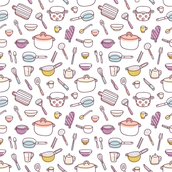 Kitchenware and cooking utensils doodle seamless pattern — Stock Vector