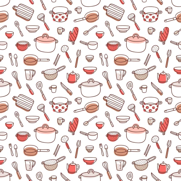Кухонне начиння та посуд каракулі червона палітра безшовний патч — стоковий вектор