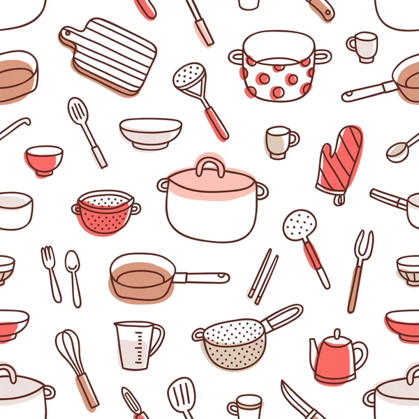 Кухонне начиння і посуд червона палітра безшовний візерунок — стоковий вектор