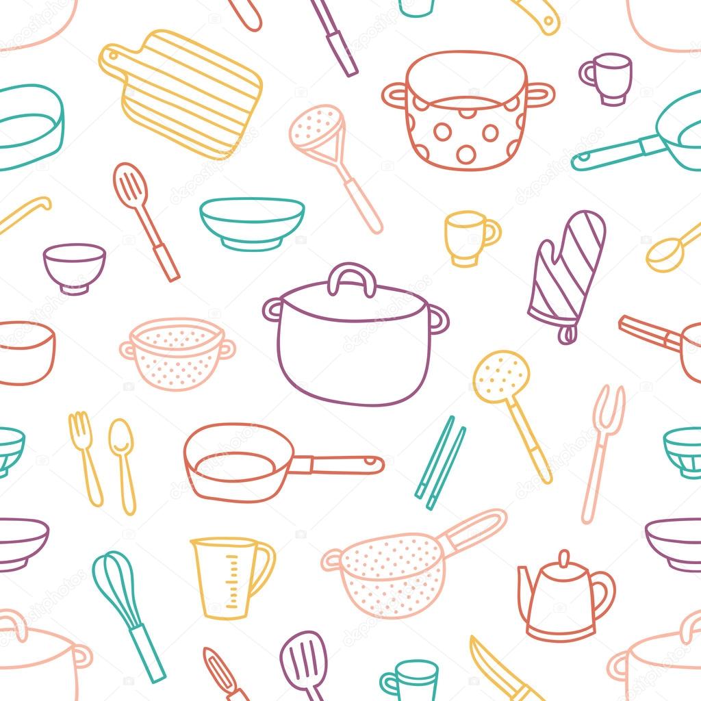 Kitchenware and cooking utensils outlined seamless pattern