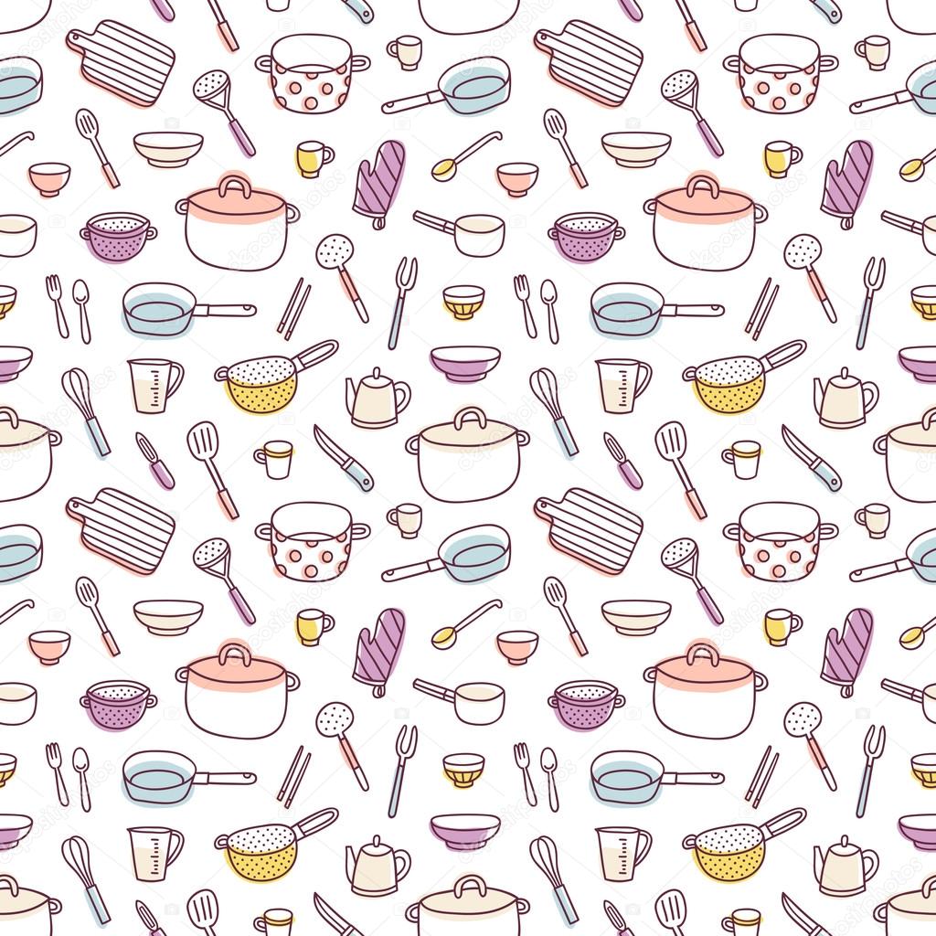 Kitchenware and cooking utensils doodle seamless pattern