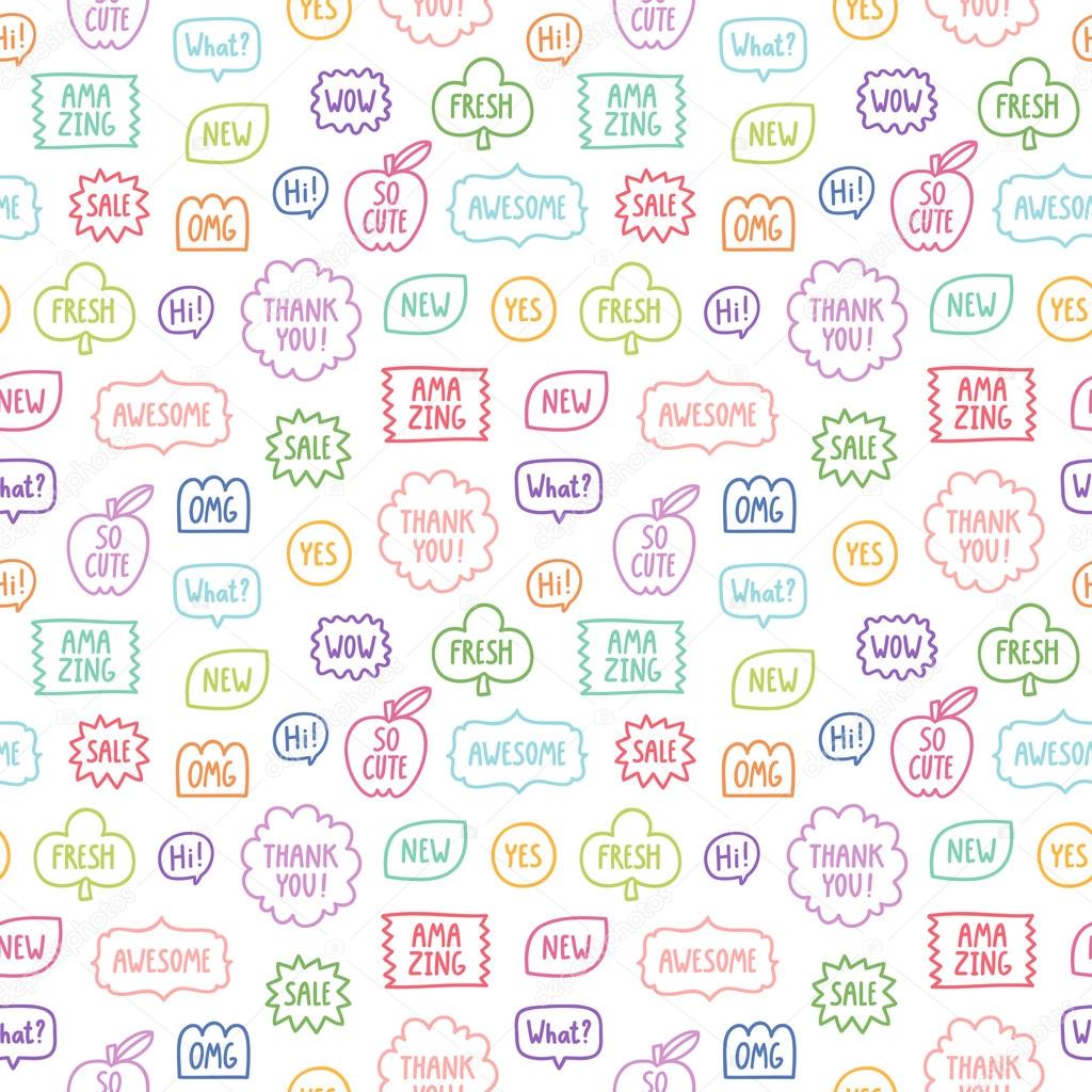 Colorful outline phrases repeat pattern on white background