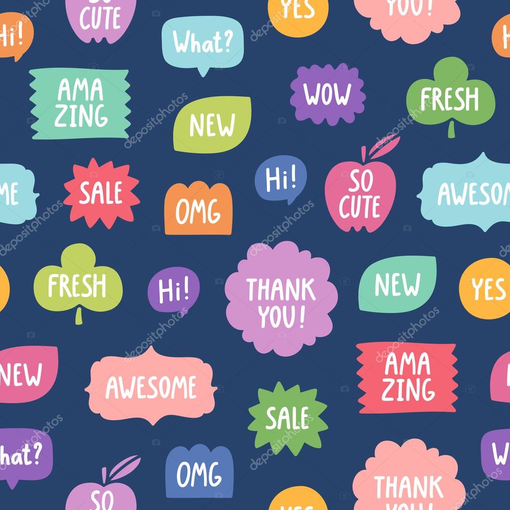 Colorful phrases seamless pattern on blue background