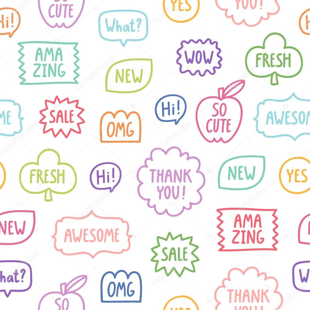 Colorful outline phrases seamless pattern on white background