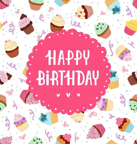 Happy birthday greeting on a cupcakes seamless pattern — Stock Vector