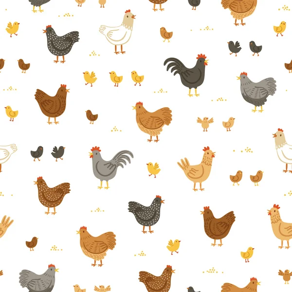 Poulets et poussins motif sans couture — Image vectorielle