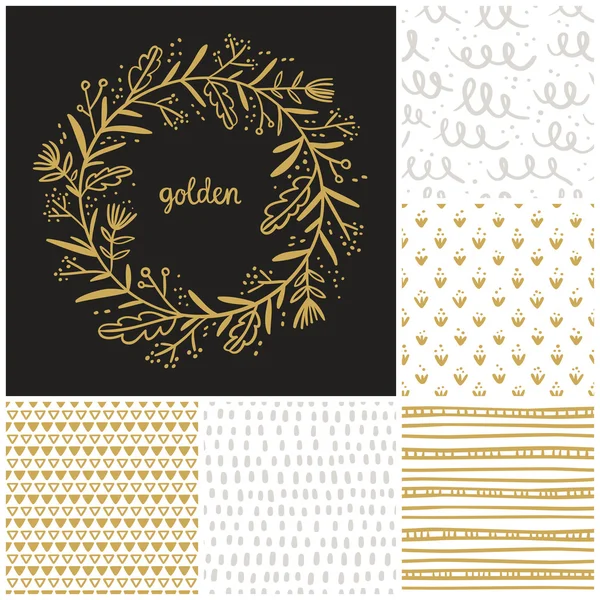 黄金の花の花輪とシームレスなパターン コレクション — ストックベクタ