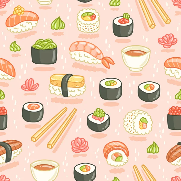 ピンクの背景に寿司やロールのシームレス パターン — ストックベクタ