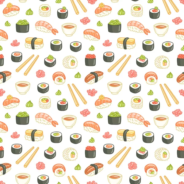 Sushi e rolos sem costura padrão no fundo branco — Vetor de Stock