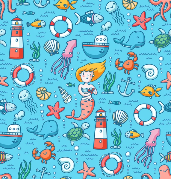 Sea life colorful vector seamless pattern — Stock Vector