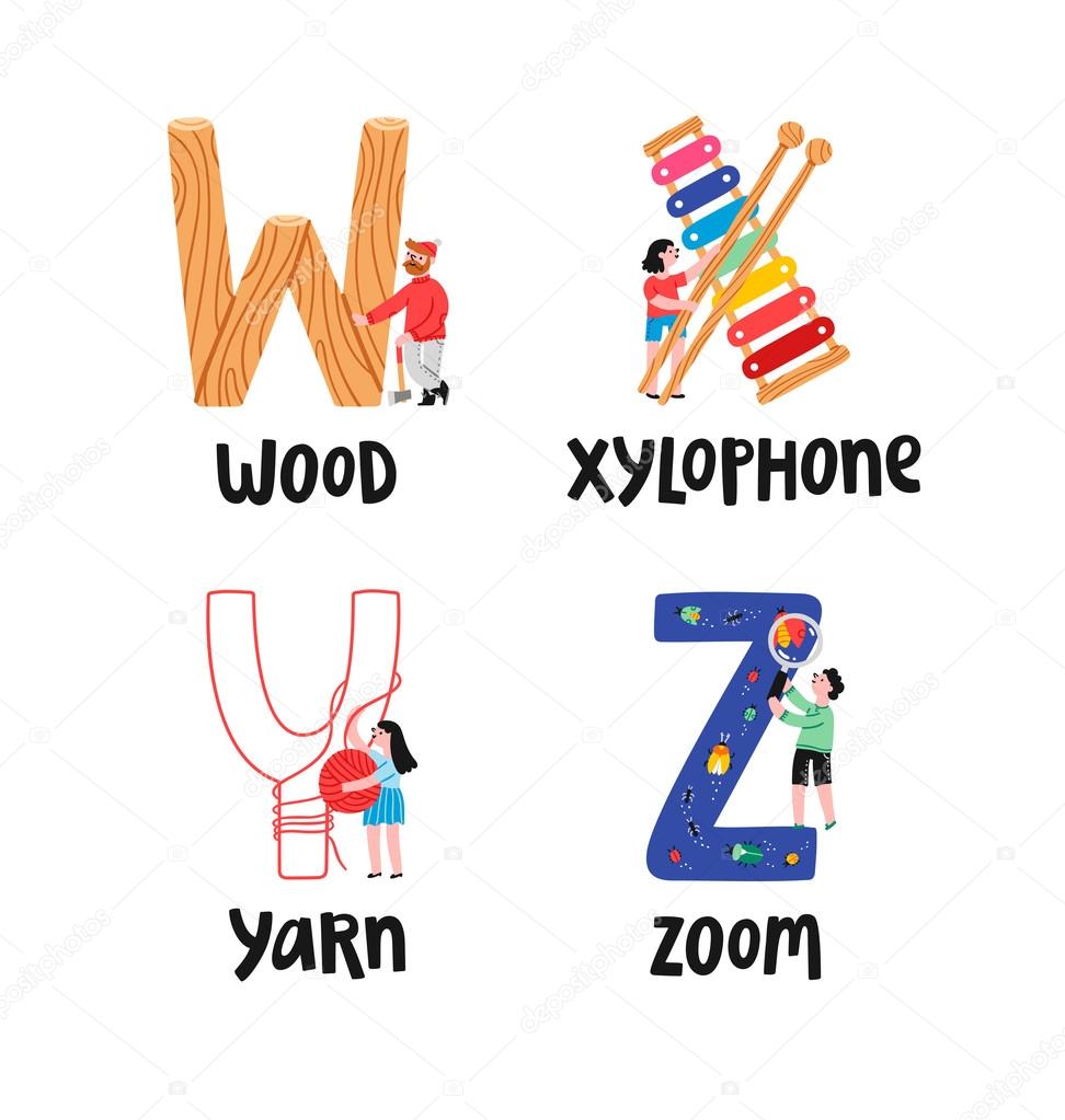Alphabet letters w to z, vector illustrations set