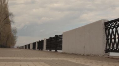 Bir kız ile bir köpek quayside boyunca taşınıyor.