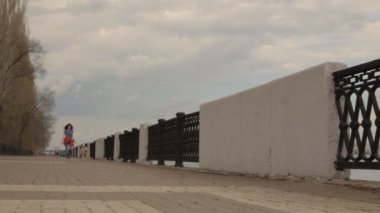 Bir köpek ile bir kız. Kamera doğru hareket.