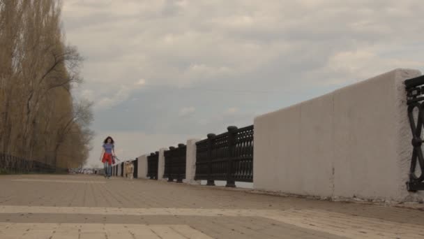 Een meisje met streaming haar lopen van een hond. — Stockvideo