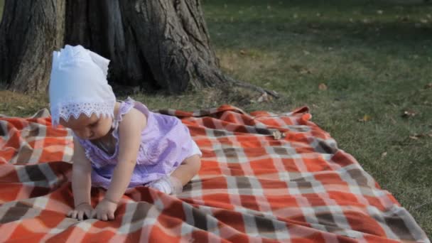 Een babymeisje glimlachend en kruipen weg van camera — Stockvideo