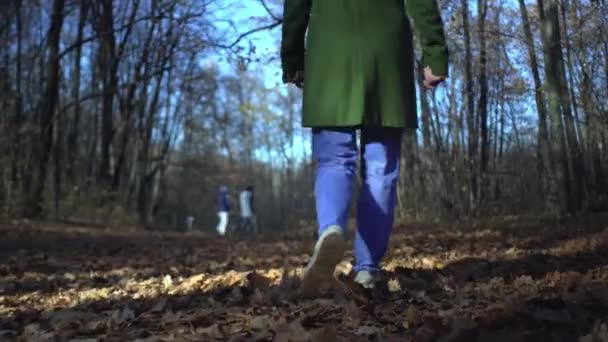 Žena středního věku v teniskách a modrých džínách procházky v lesoparku během covid pandemie koronaviru uzamčení Nízký pohled — Stock video
