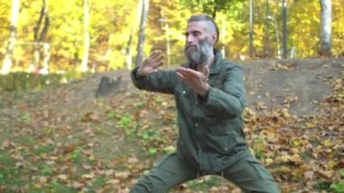 Haki elbiseli sakallı adam sonbahar parkında çin tai chi egzersizi yapıyor.