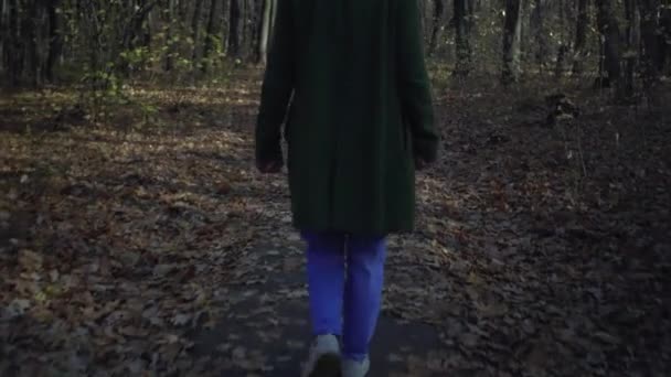 Mulher de meia-idade em tênis brancos, jeans azuis, chapéu vermelho e casaco verde andando no parque florestal em solidão durante o bloqueio do coronavírus Visão traseira — Vídeo de Stock