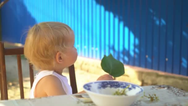 Kleines blondes Mädchen isst Weintrauben mit großem grünen Blatt in der Hand, sitzt im Sommer am Tisch im Hof des Hauses — Stockvideo