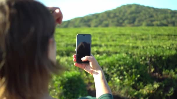Привлекательная молодая женщина делает селфи на смартфоне на поле свежего зеленого чая с горным фоном — стоковое видео
