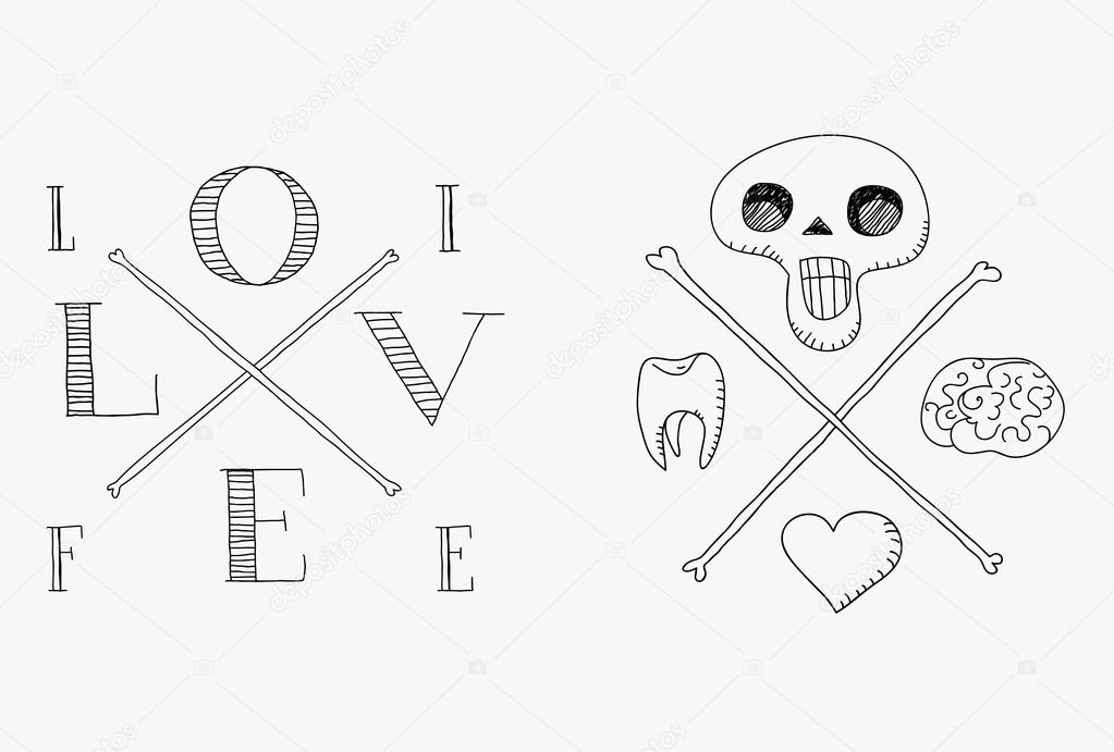 Skull with brain, tooth and heart