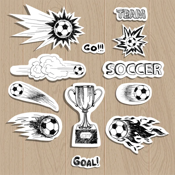 Soccer stickers on wood background — Stock Vector