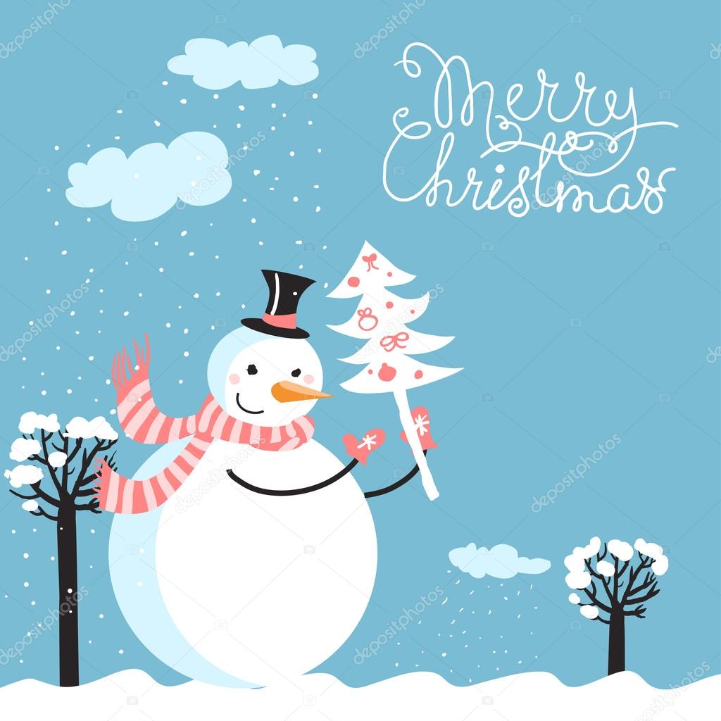 Merry Christmas card with snowman
