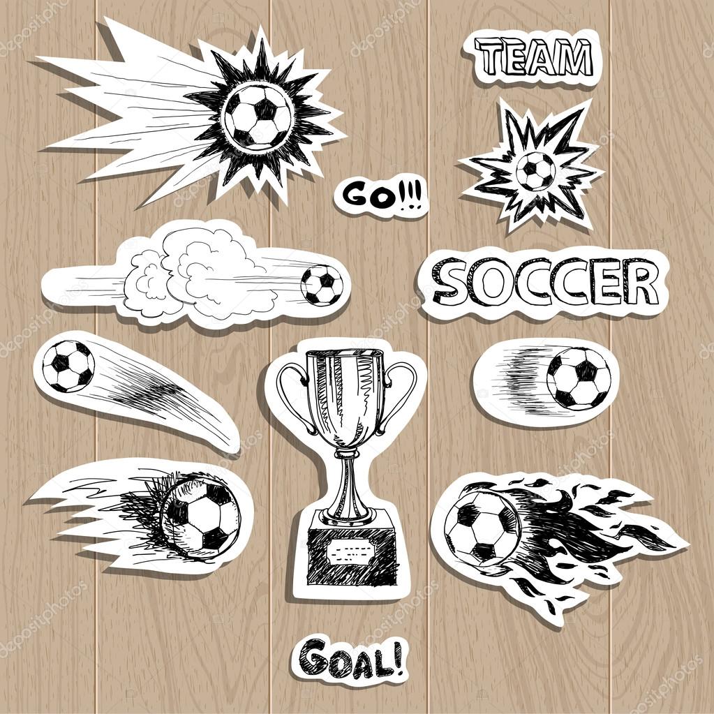 Soccer stickers on wood background