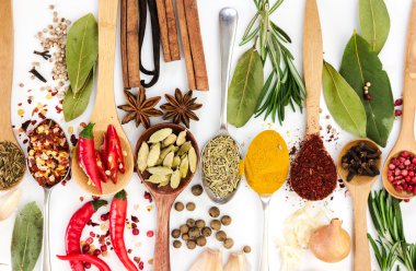 Beyaz zemin üzerine kaşık içinde baharatlar. Üstten Görünüm.