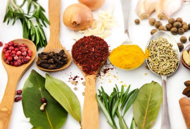 Kaşık içinde farklı kokulu baharatlar 