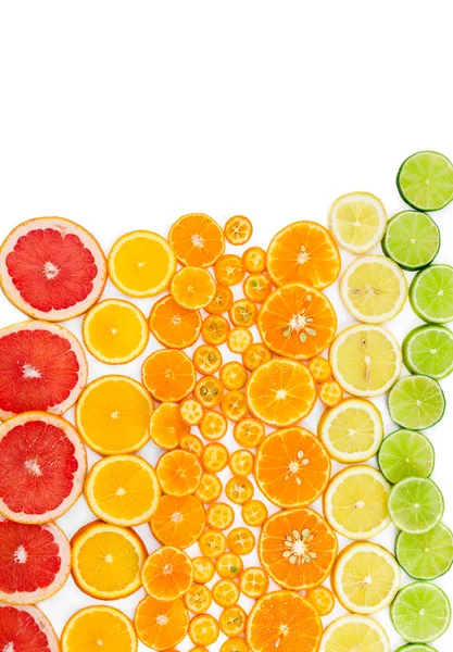 Fondo agrumi di frutta con pompelmo, arancia, mandarino, nota — Foto Stock