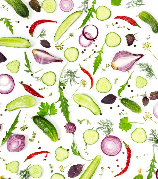 Fresh cucumber, onion, aromatic herbs and arugula — Stock Photo, Image