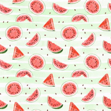 Çizgili yeşil arka planda suluboya karpuz desenli kusursuz desen. El çizimi suluboya çizimi
