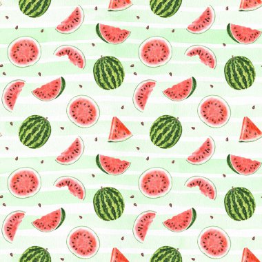 Çizgili yeşil arka planda izole edilmiş suluboya karpuz desenli kusursuz desen. El çizimi suluboya çizimi.